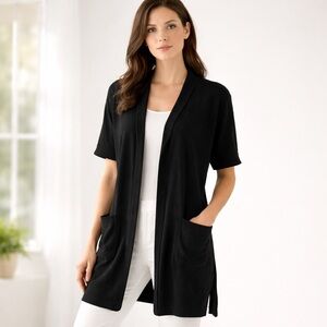 Misook Black Knit Open Front Cardigan Jacket Pockets Stretch Size Medium